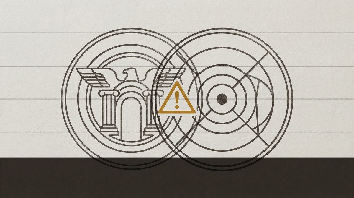 Two institutional seals overlapping on a document — government and corporate claiming the same ground. Warning amber triangle in the overlap marks the constitutional conflict.