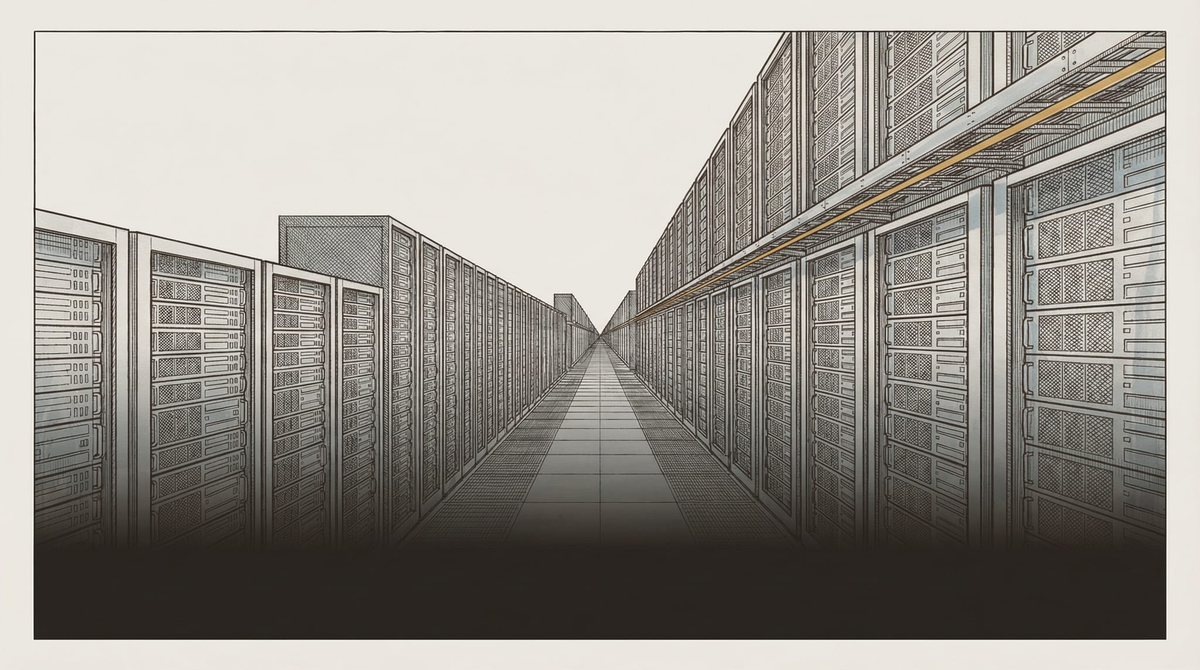 Server racks recede to a vanishing point in a vast data center, lit in cool blue — an architectural space built at a scale that leaves no room for people.