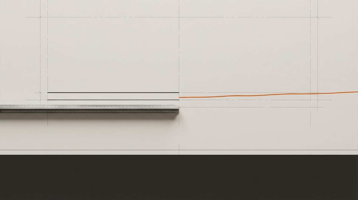 Two lines on a drafting table. One ruled in dark ink, ending cleanly. One drawn freehand in survey-marker orange, continuing past the edge of the frame.