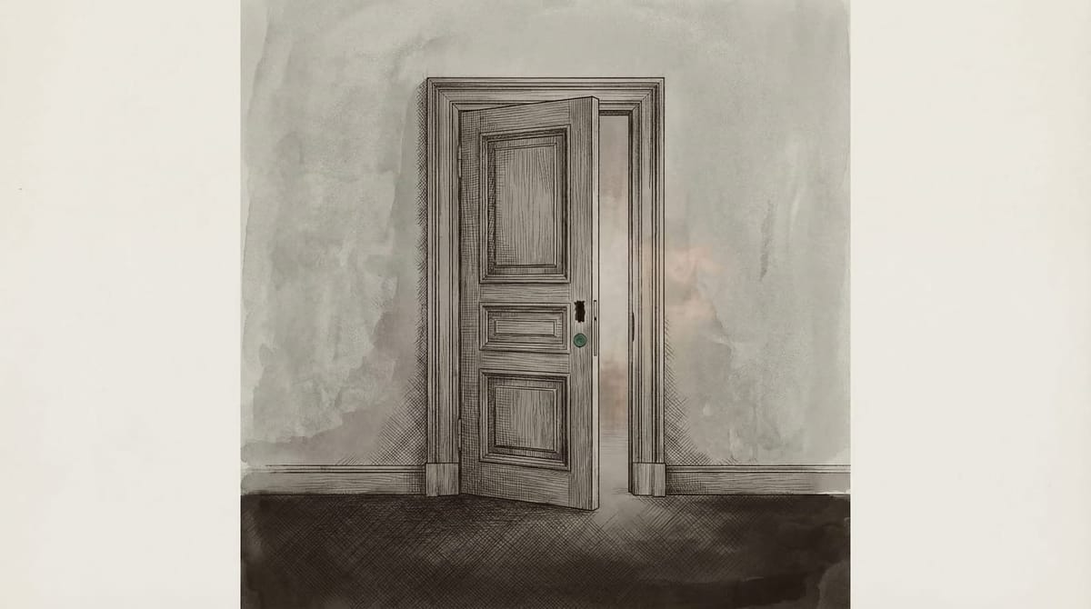 Ornate wooden door standing slightly ajar, with an empty mortise where a lock should be installed. No deadbolt, no latch, no hardware — just a cavity where the lock was never installed.
