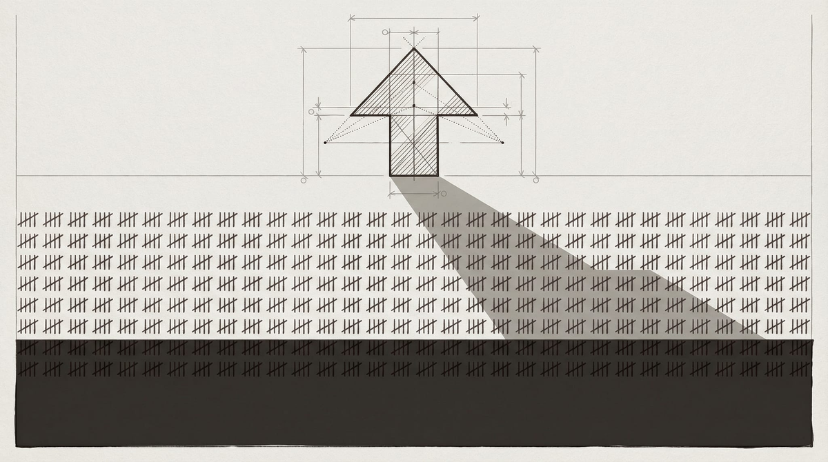 An upvote arrow rendered as an architectural elevation, casting a shadow over rows of census tally marks. The geometry of engagement metrics applied to a population.