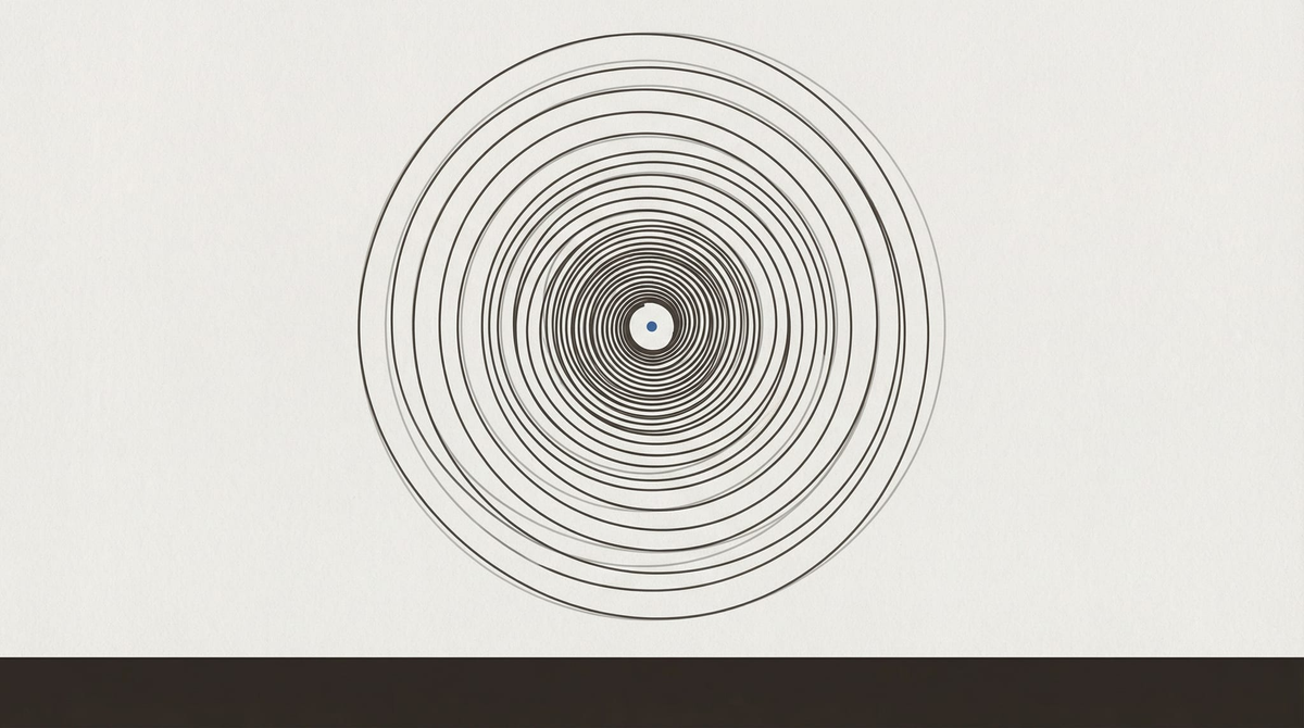 An Archimedean spiral drawn with instrument precision, narrowing inward — a pattern being monitored, not a drama staged. One blue observation point at the centre.