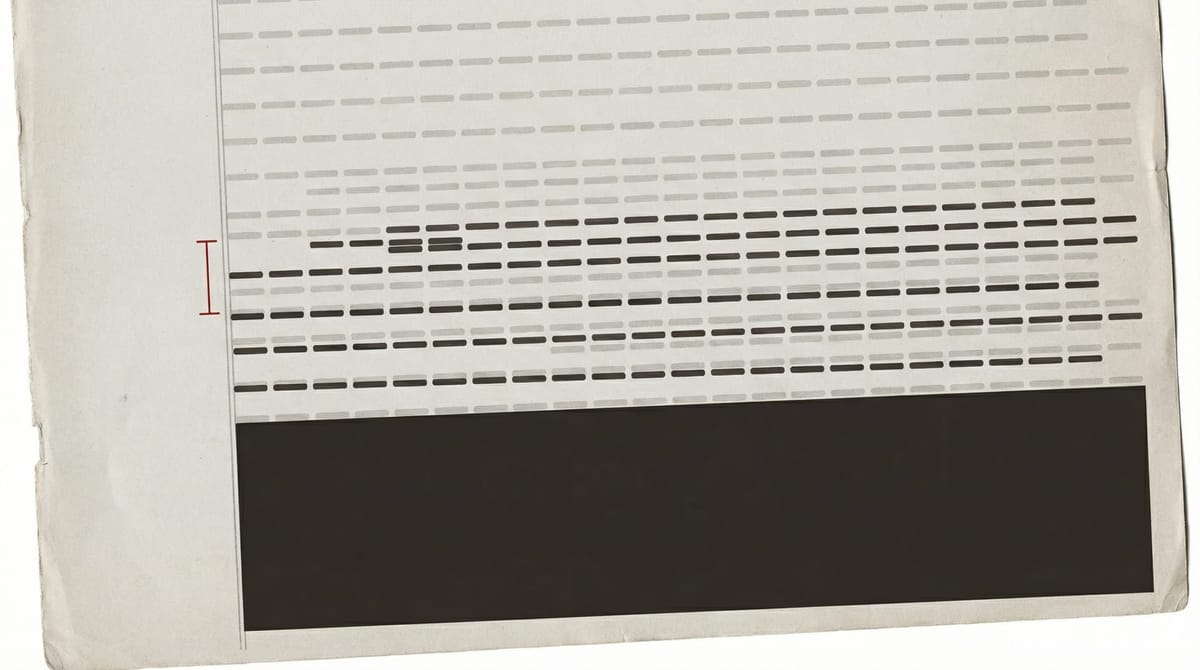 Document with two layers of ruled lines: faded grey dashes beneath, fresh dark ink overlay above, a small red annotation mark noting the deliberate revision.