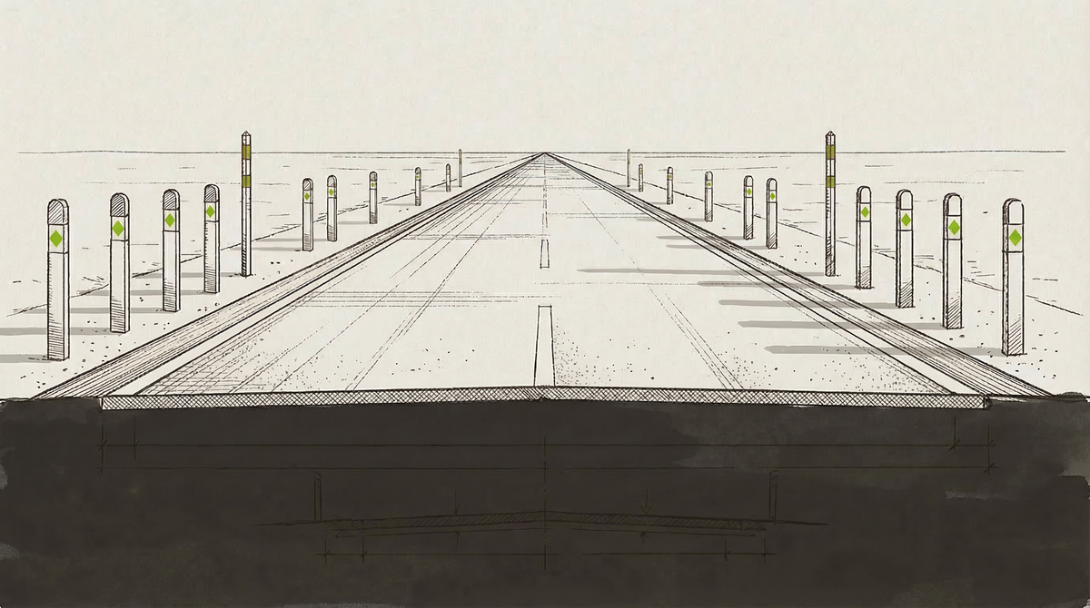 A desert road recedes to the horizon, every bollard and marker bearing a diamond stamp in NVIDIA green. The road is open. The authorship runs the full length.