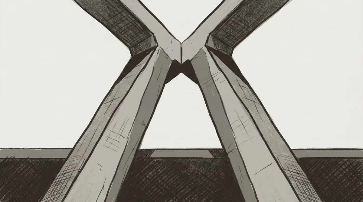 Two institutional structures sharing a single load-bearing node — neither able to move without affecting the other. Infrastructure dependency made visible.