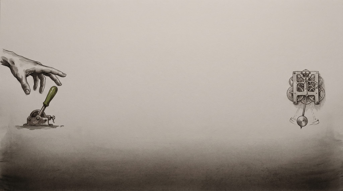 A distant figure monitors an autonomous process from the edge of the frame, hand near a switch — the gap between watcher and watched held open and unresolved.
