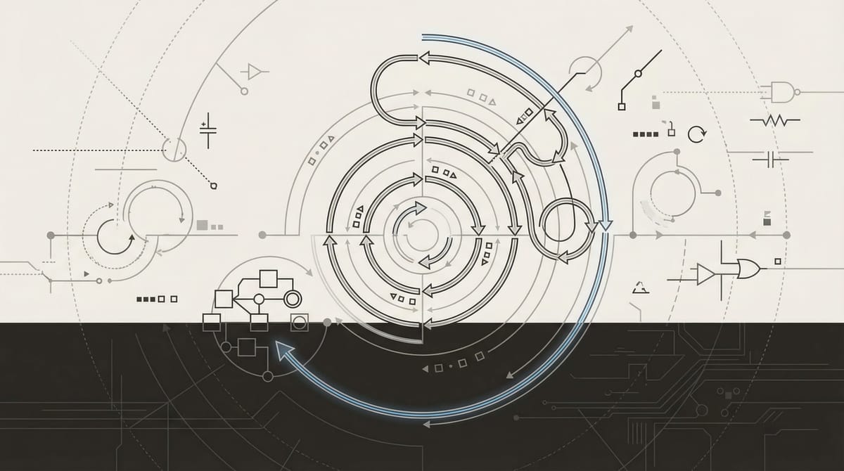 A recursive feedback loop — precise geometry that almost closes on itself, the gap between where it points and where it began narrowing but not yet closed.