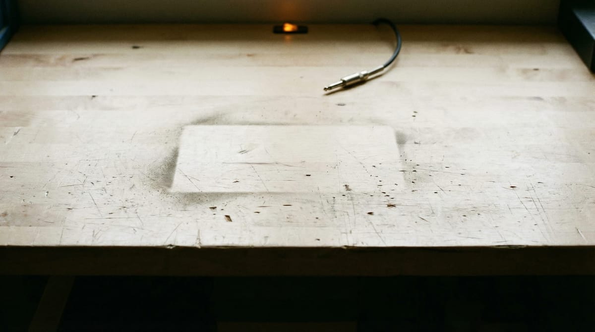An empty workspace where a tool once sat — the clean absence left when something functional is withdrawn before its users are finished with it.