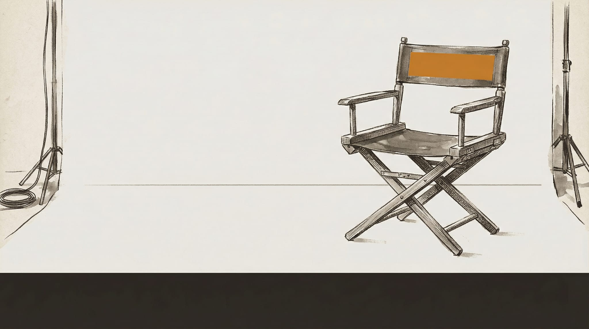 An empty director's chair on a prepared film set — everything in place, no one present, the question of who called action left unanswered in the frame.
