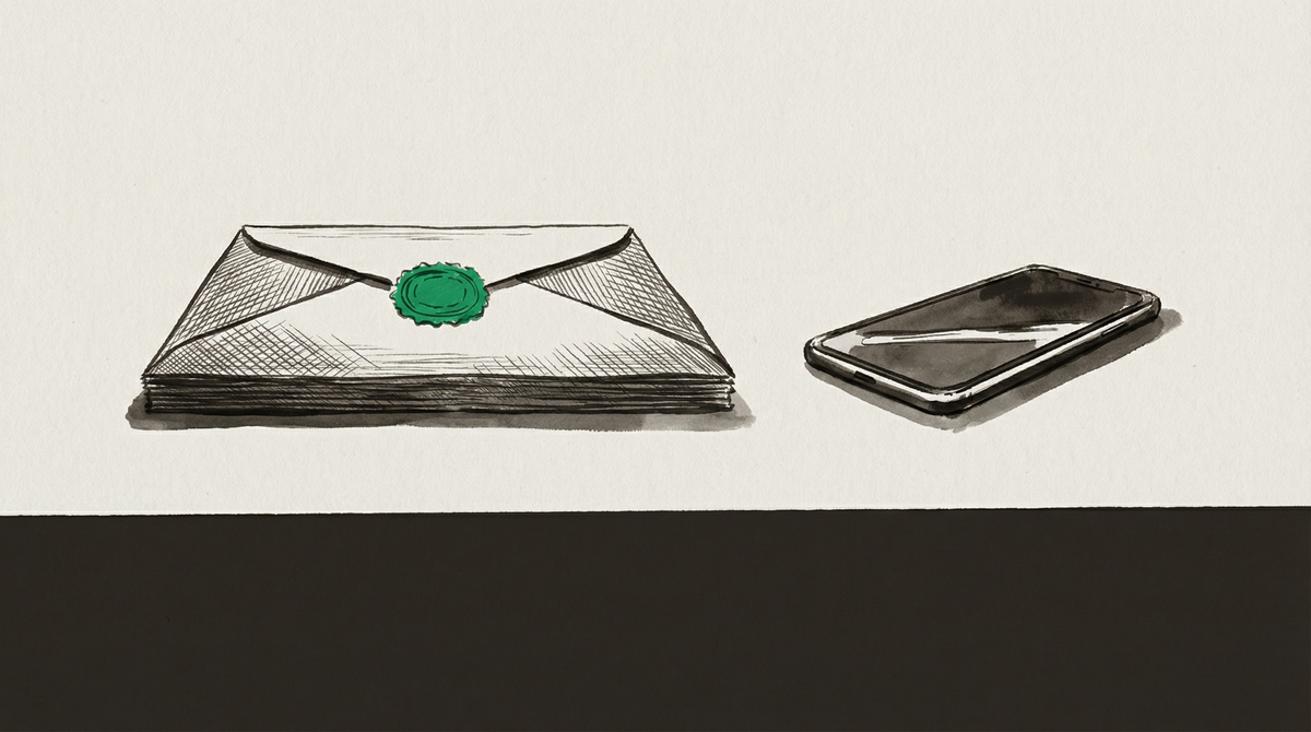 A large formal government envelope beside a dramatically smaller smartphone on the same surface - the scale of a serious policy response against the scale of the actual one.