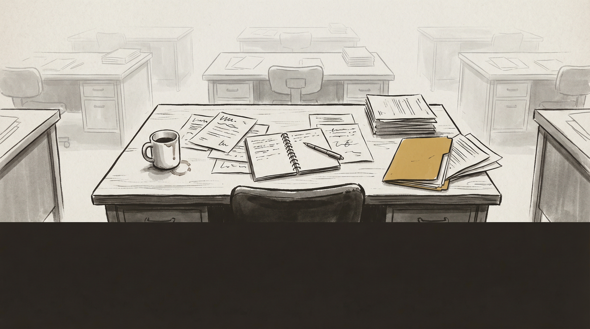An office desk with work in progress - papers, annotations, an open folder - but no visible person doing it: the labor compressed, quiet, arithmetically unremarkable.