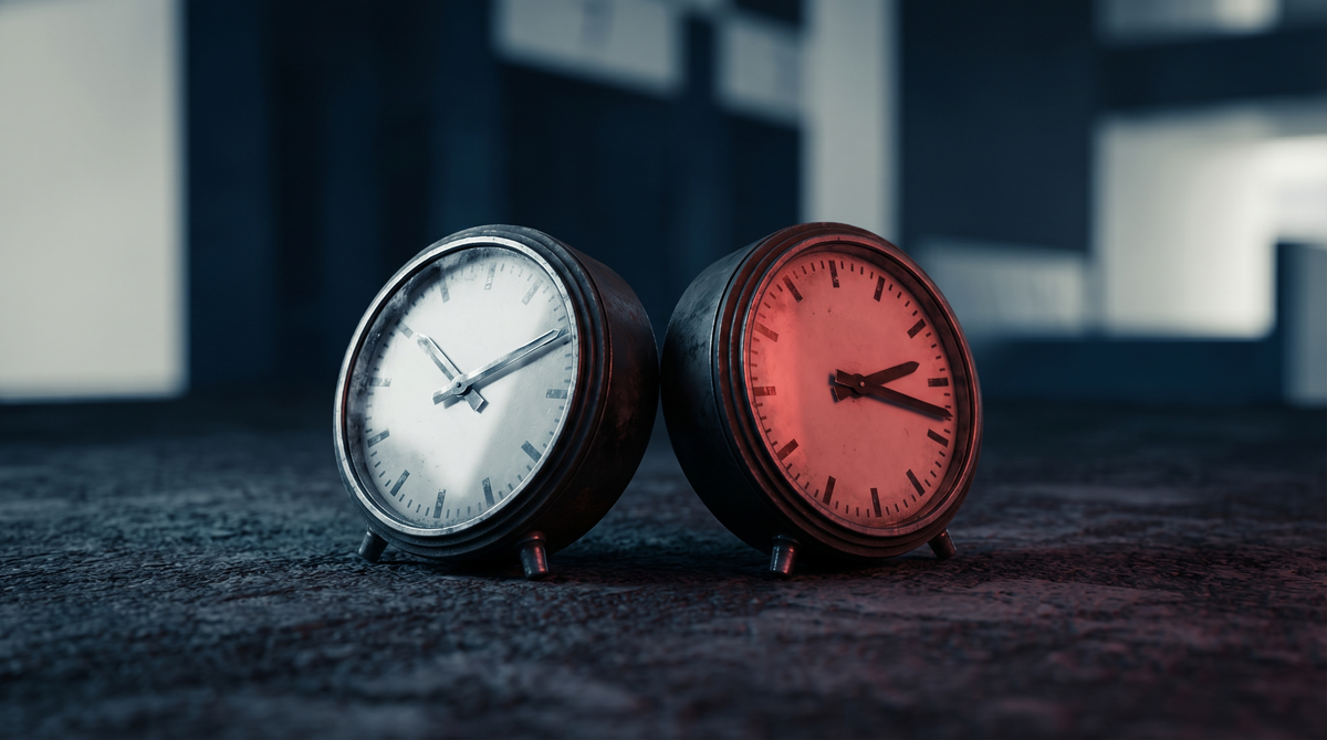Two unsynchronized clocks running in parallel — the visual argument for a policy regime operating on two simultaneous timelines that may not resolve in the same direction.