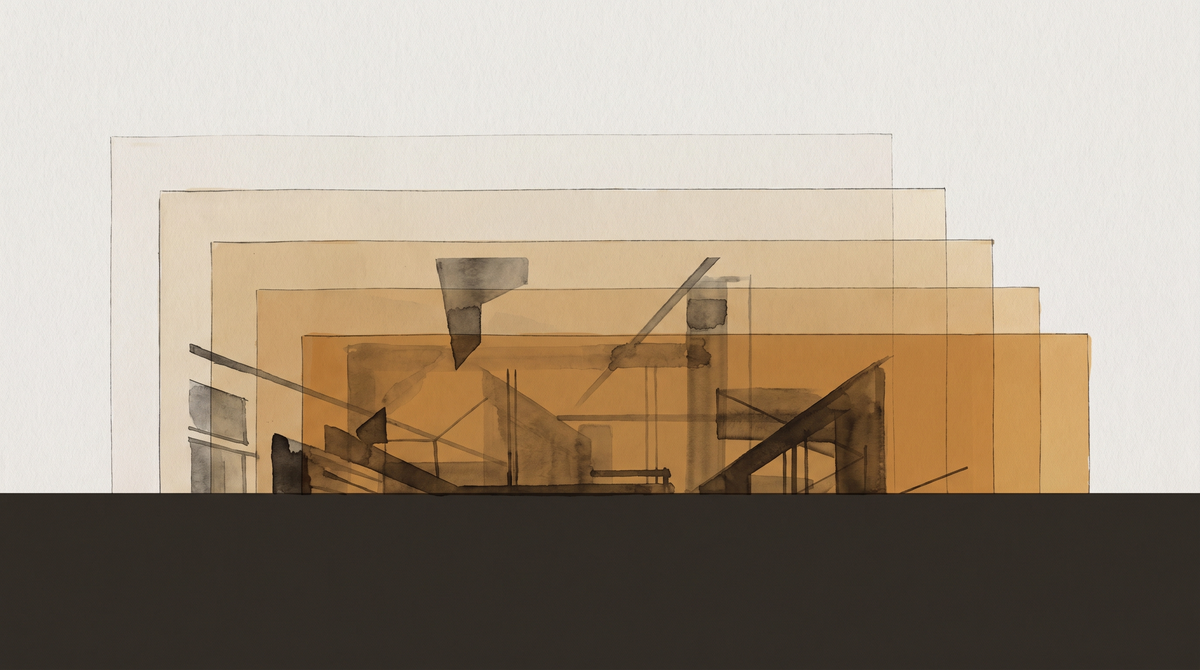 Layered film transparencies of the same figure at different ages — archival amber deepened, the visual grammar of accumulated time stored in an archive's memory.