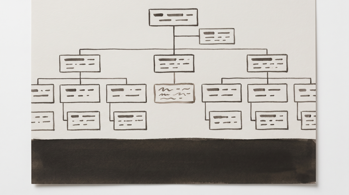 An org chart where all paths lead to the same outcome — pale warm grey, pencil-grey rules, the visual grammar of bureaucratic design that makes decisions look inevitable.