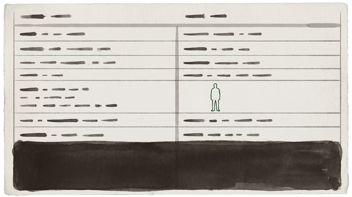 A ledger page where a human silhouette appears as an account entry — ledger green on pale field, the visual logic of displacement rendered as a line item.