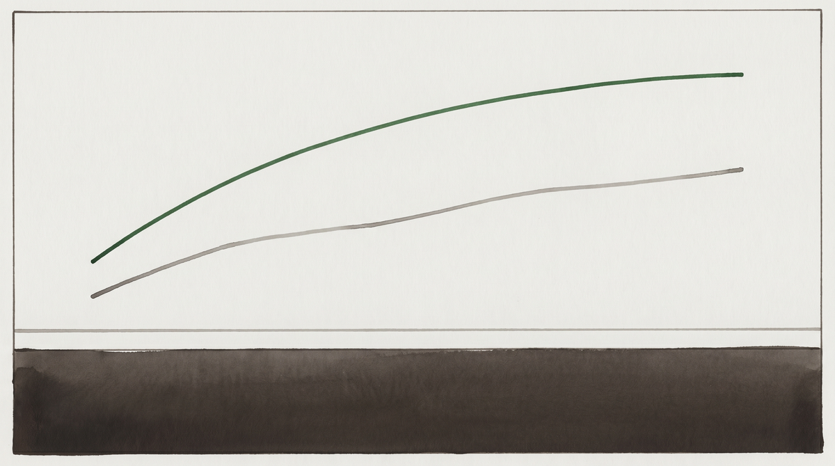 A yield curve diverging from expected path — the visual grammar of institutional credibility priced into long-duration debt, ledger green on pale warm field.