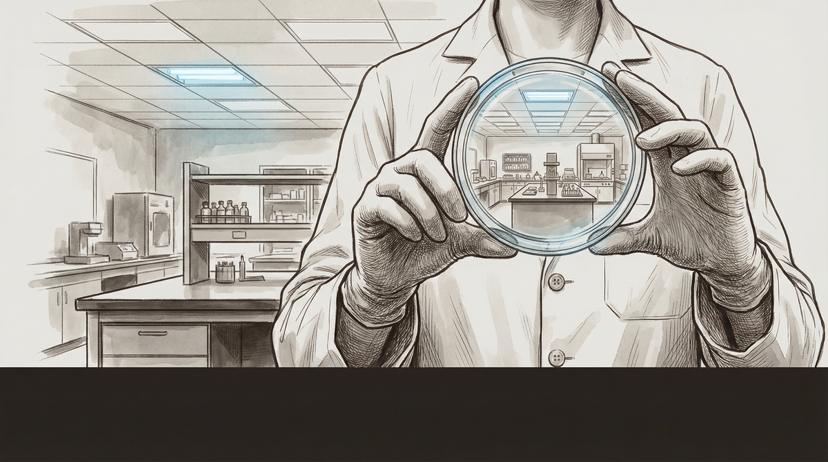 A scientist examines data in a lab that mirrors its own instruments — self-reference in cold light.