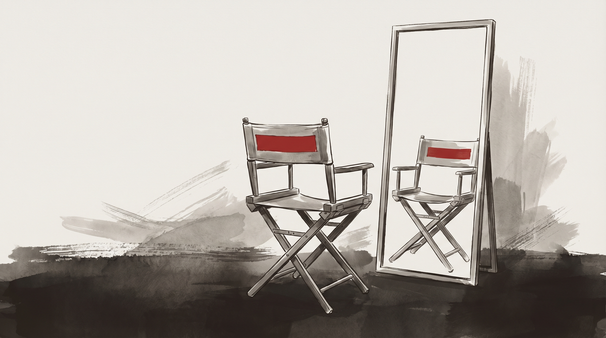 An empty director's chair faces a mirror; the name-strip on the chair is blank, its reflection doubling the absence — the equipment for a point of view, with no one behind it