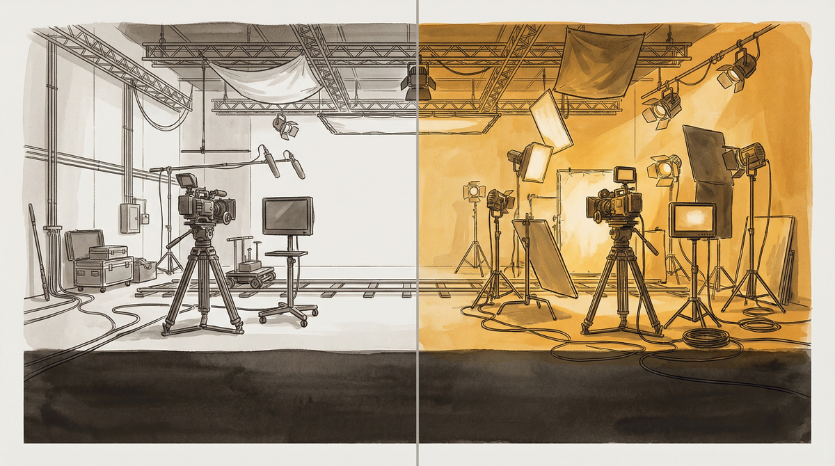 Split frame: a lush film set on one side, an empty negotiating table on the other — production without constraint