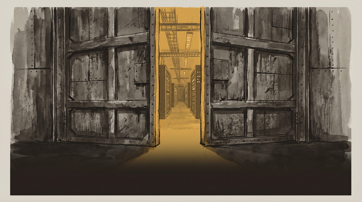 Two massive industrial doors converging in a data center corridor, archival amber light visible through the closing gap.