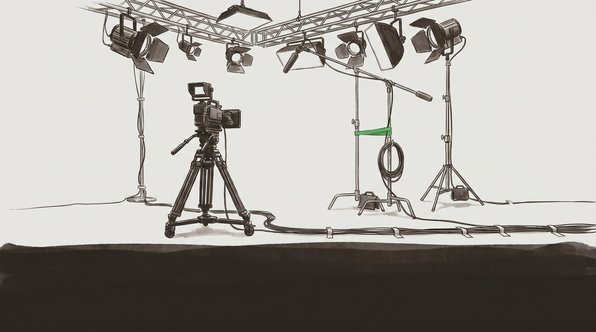 Sepia ink illustration of an empty film production studio with a camera on a tripod, overhead lighting truss with spotlights, boom mic stand, and cables
