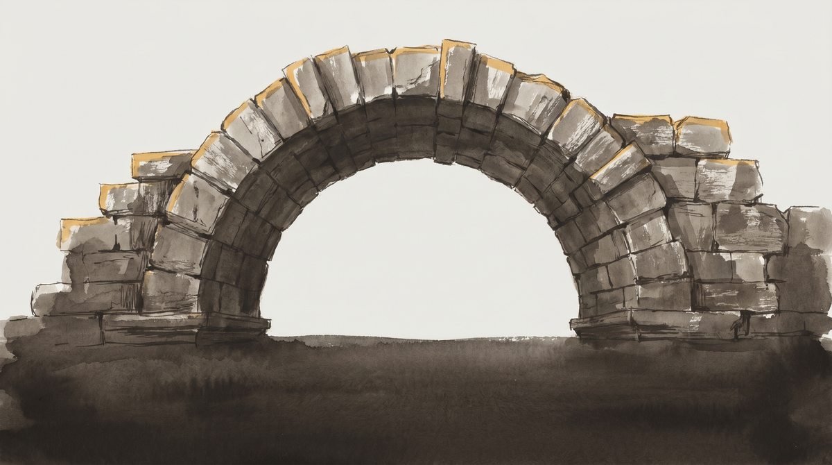 Watercolor illustration of a classical Roman stone arch with gray and gold-ochre tones, rough-hewn voussoir blocks, and flanking rubble walls