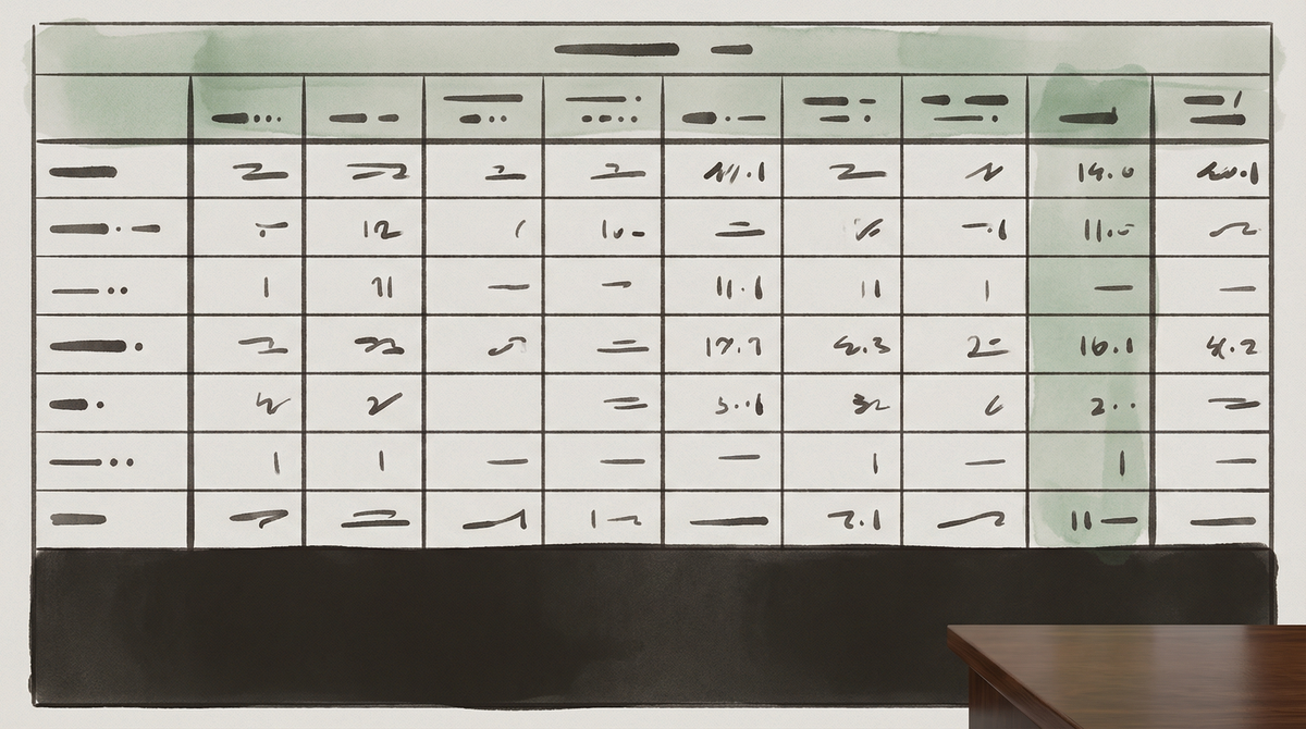A corporate workforce planning spreadsheet in pale grey and ledger green, rows of numerical cells implying human lives reduced to data, an empty desk suggested at the margin.