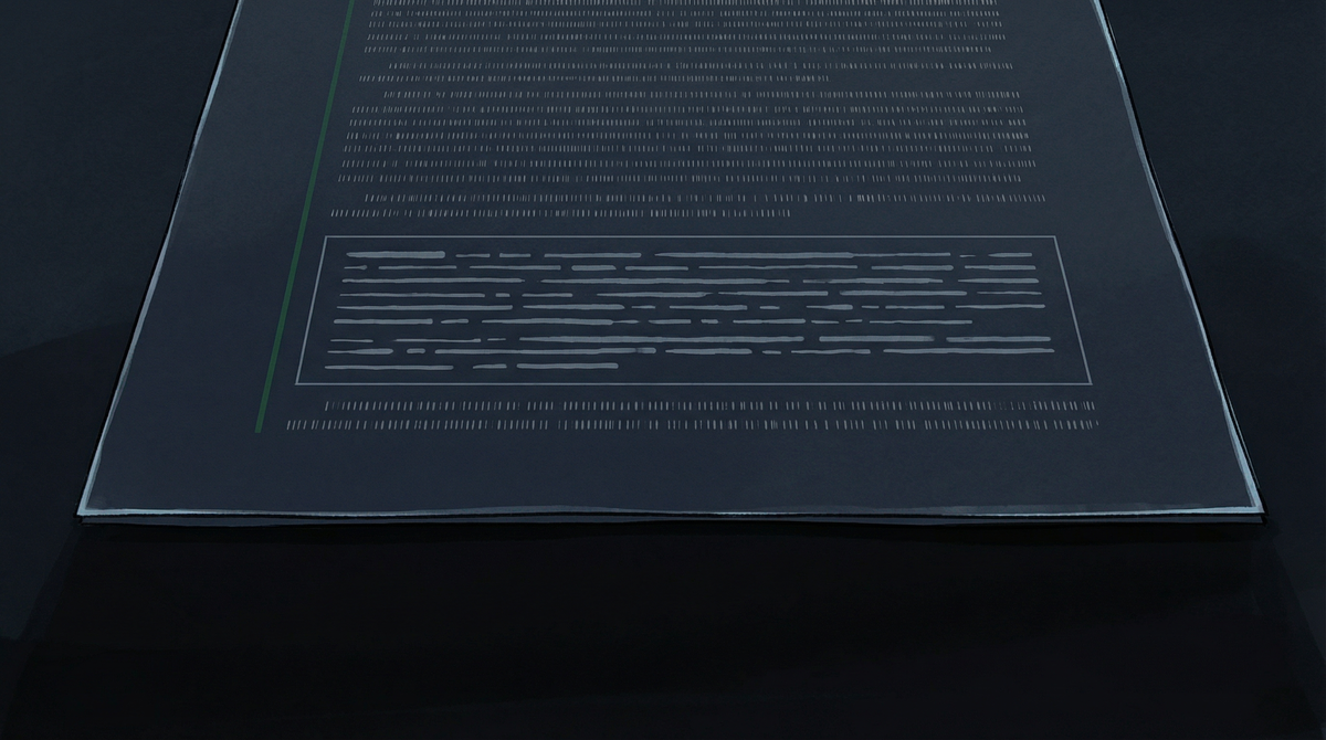 A courtroom and a Pentagon seal amid circuit-board architecture, representing executive power meeting AI governance litigation.