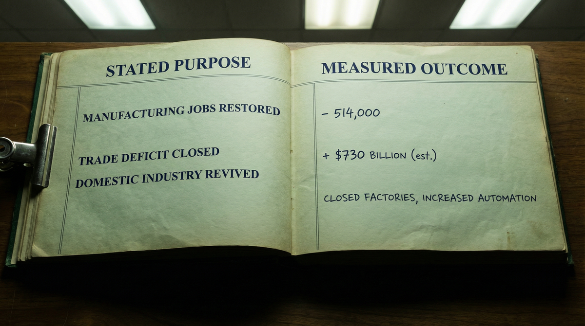An open double-entry ledger: STATED PURPOSE vs MEASURED OUTCOME — manufacturing jobs restored, trade deficit closed, domestic industry revived — with divergent numbers in the right column.