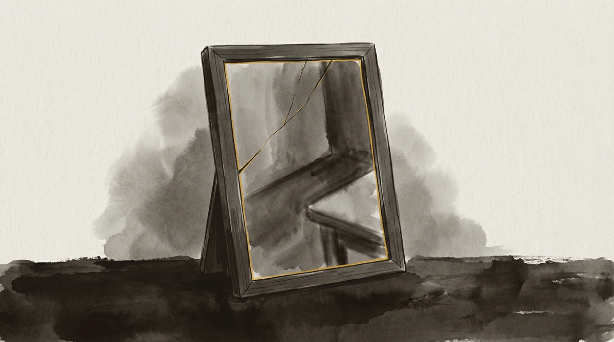A cracked or angled mirror on a pale surface reflects an incomplete image — a displacement between position and reflection suggesting the gap between private thought and public account.