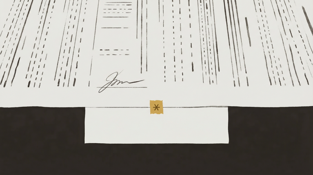 A formal agreement document with a signature line and a single asterisk below it — the footnote section blank, the apparatus of resolution present but incomplete.