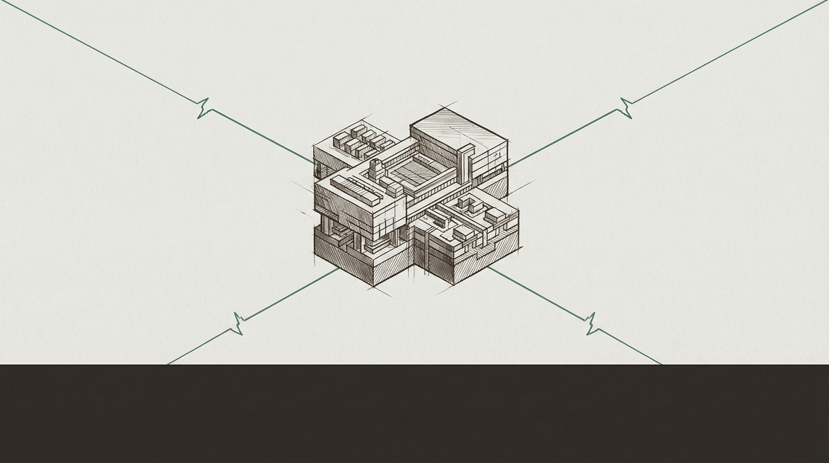 A semiconductor fabrication facility at the centre of four converging supply route lines, each with a visible fracture point — the schematic of a hidden dependency under simultaneous stress.