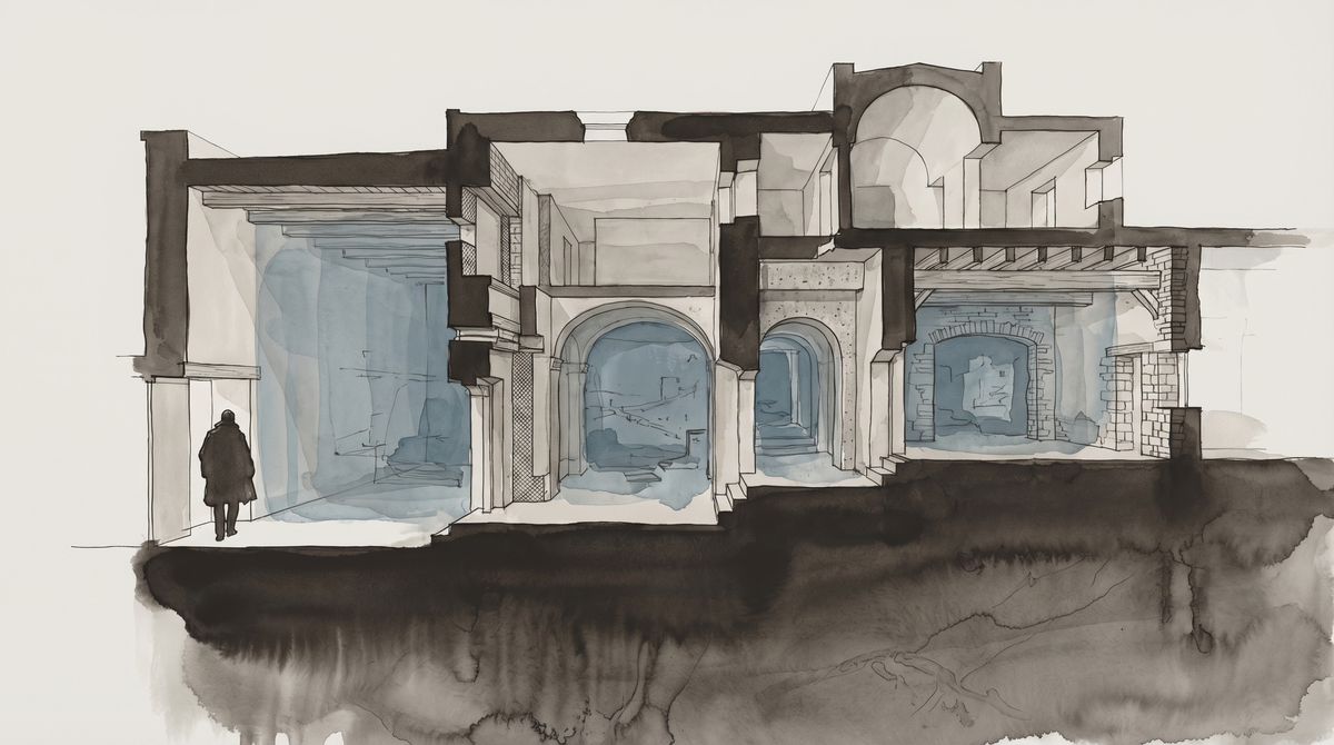Abstract cross-section of a translucent interior space, cool light, partial figure at the edge of self-knowledge.