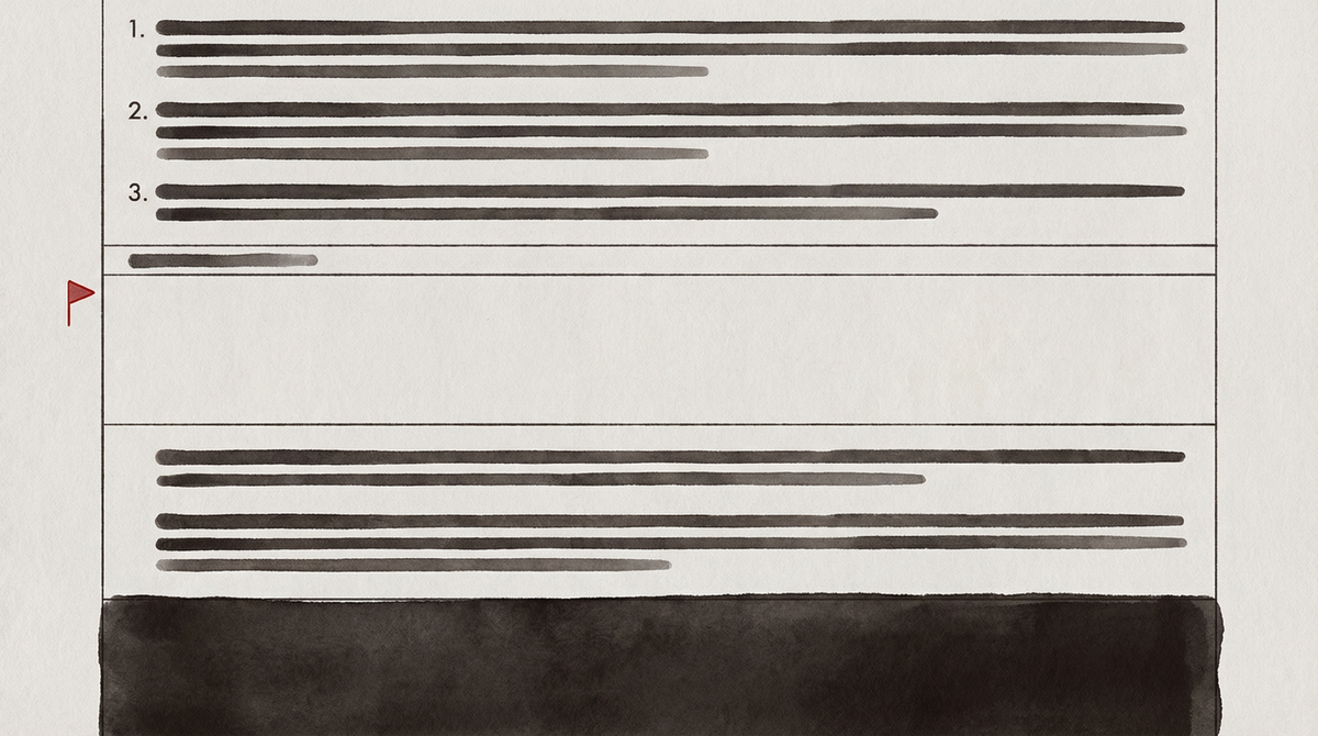 A formal policy document in pale grey, its numbered sections interrupted by a conspicuous blank — margin-flag red marks the absence where governance language should appear.