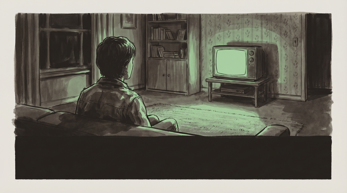 Figure from behind facing a television in a dark room, CRT light casting pale green across suburban walls.