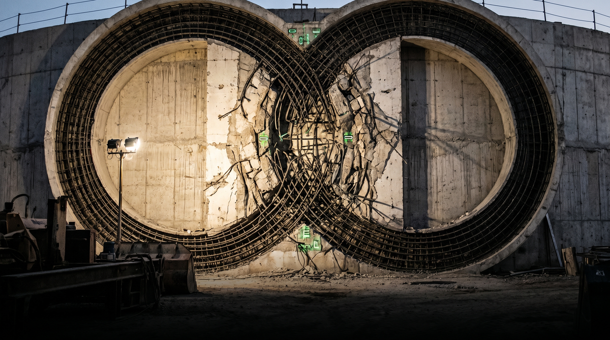 A Venn diagram rendered in concrete and bent rebar — two large overlapping circles where the intersection zone shows structural stress