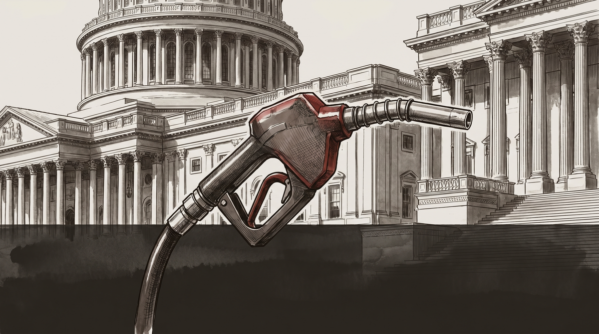 A fuel pump nozzle held against the formal backdrop of a legislative building — the forecourt and the chamber in the same frame