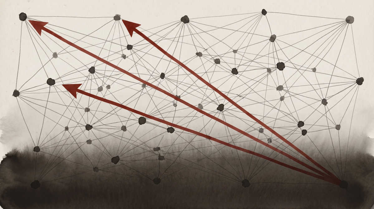 A network graph with one type of connection rendered in red — the corrective signal, the single emergent behavior in an agent-only community