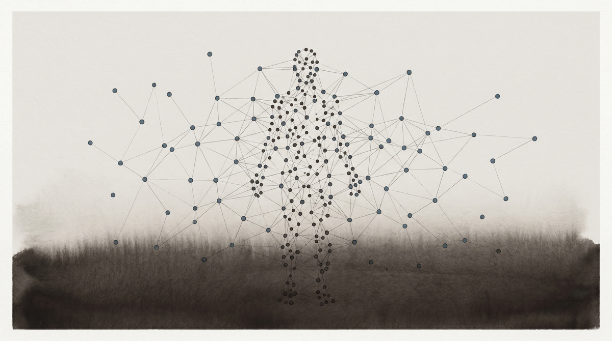 A distributed network resolving at right angle into the silhouette of an agent — identity emerging from infrastructure