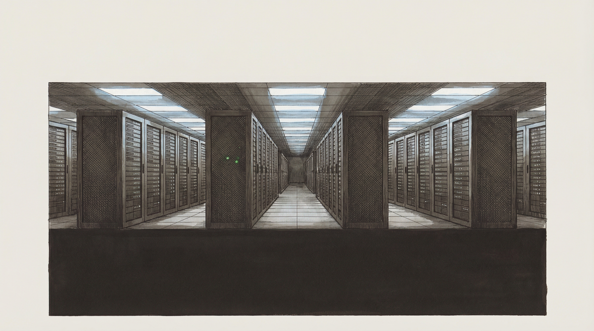 A server rack beside an empty desk — the balance sheet transaction of replacing human labor with compute infrastructure, two objects in the same fiscal filing.