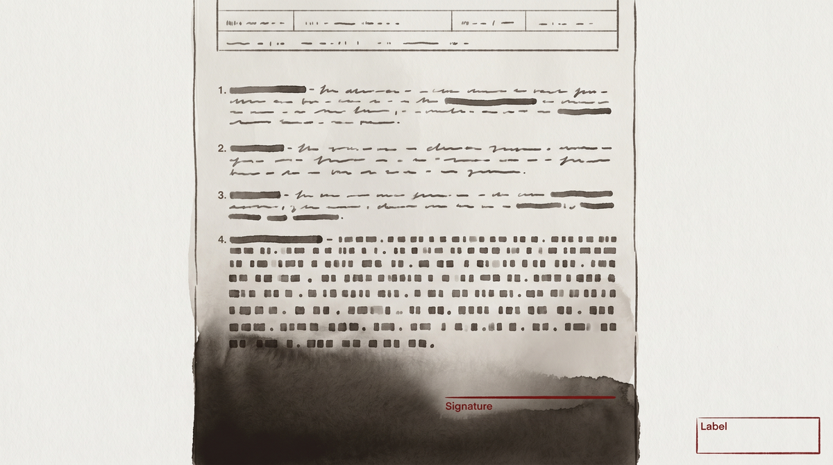 A formal workplace agreement form, body text dissolving into data tokens, the signature line unsigned.