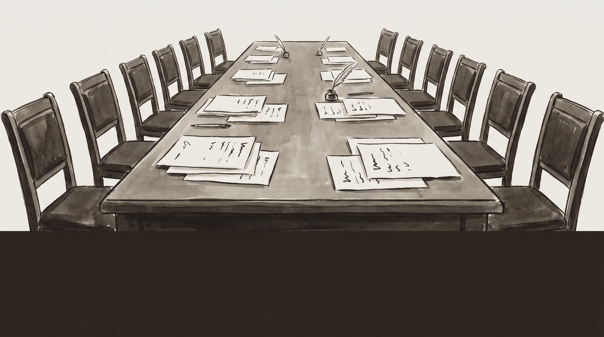 A negotiating table with two chairs and a single contract page — WGA ratified, the floor set for what comes next.