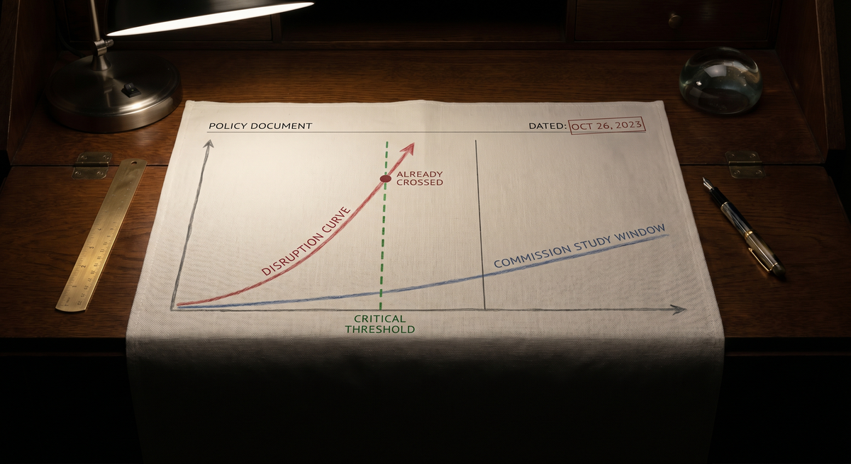A policy document on a desk with a timeline graph showing the disruption curve already diverged before the commission study window begins — the policy instrument's lag made visible as structu