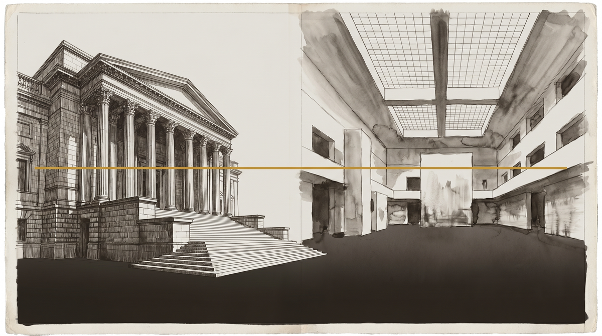 Two architectural spaces in a diptych — classical columned facade on one side, modernist immersive interior on the other — connected by a warm gold thread along a shared horizon.