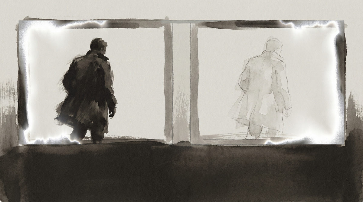 Two identical figures standing apart, one slightly blurred — the gap between a person and their image when the image runs on without them. Silver and pale grey, photographic tone.