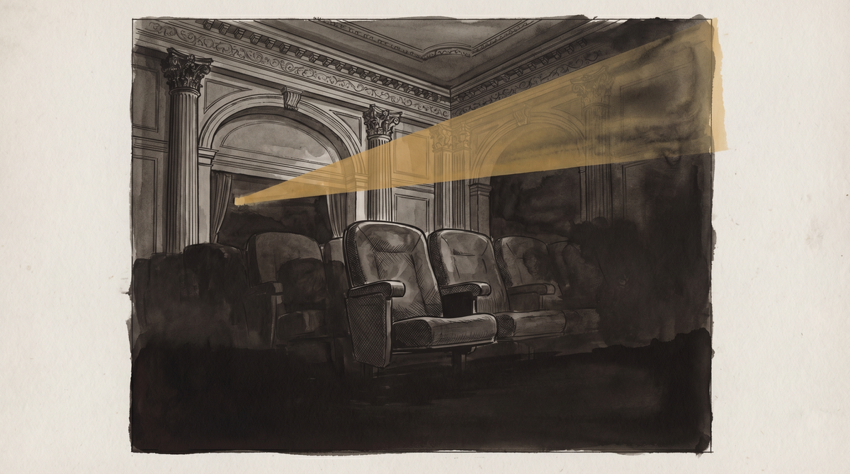 Ornate cinema interior with amber projector beam crossing empty rows, Cannes festival 2026