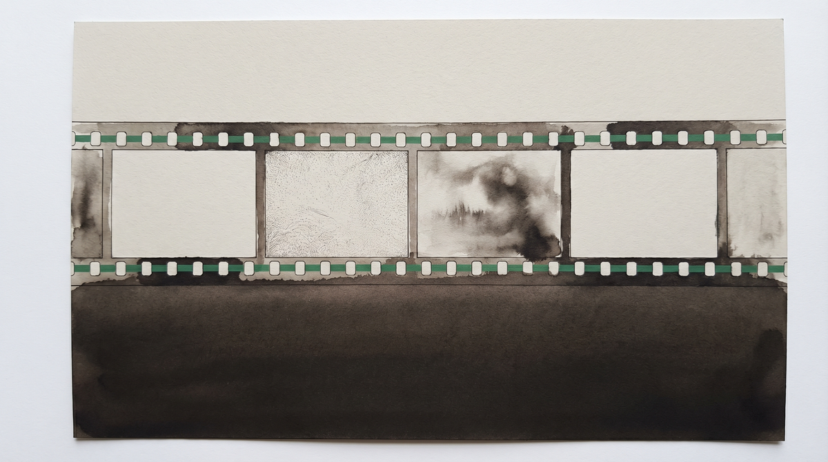 Horizontal 35mm film strip with blank frames and teal sprocket holes on dark wash ground — absent performer