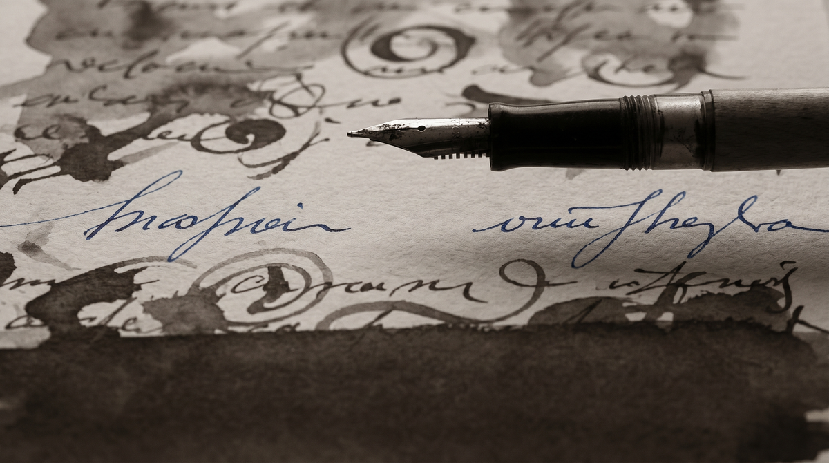 A fountain pen resting on layered manuscript pages dense with overlapping ink and illegible script — the physical trace of thought that may not reflect what was actually computed.