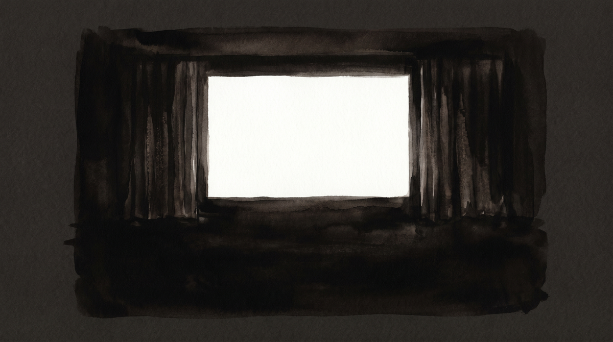 A film frame carefully cropped — the central figure present but the surrounding context excised, leaving image without full subject.