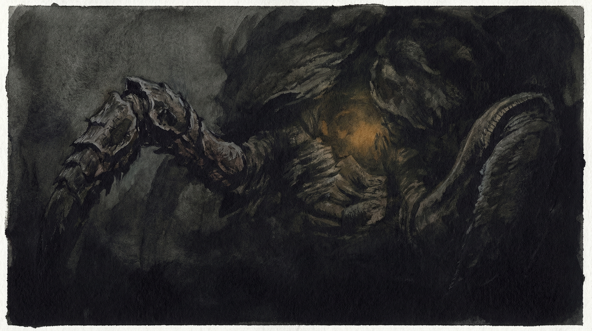 Dark, tactile composition suggesting presence without a face — motion implied through form, the register of non-human consciousness communicated through embodiment rather than expression.